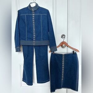 St. John Collection By Marie Gray Blue Denim Jacket, Pants, and Skirt Set